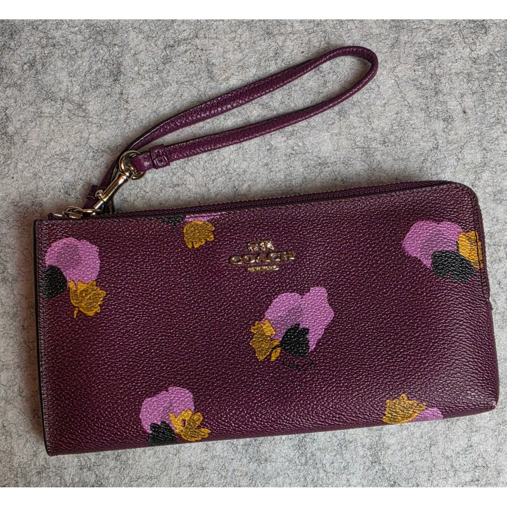 Coach Large Phone Wristlet Plum Crossgrain Leather Pansy Floral Print 2851